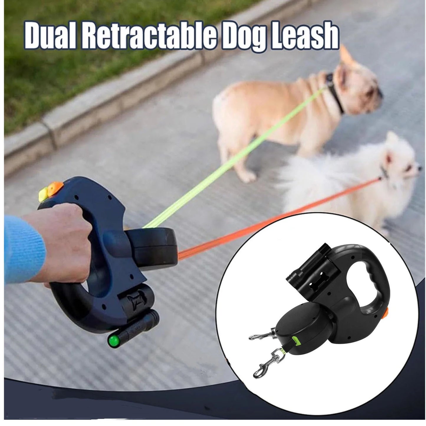 Two Dog Reflective Retractable Pet Leash – 360 Degree No Tangle Double Dogs Reflective Orange and Green Leads. Dual Locking 10 Ft Leads