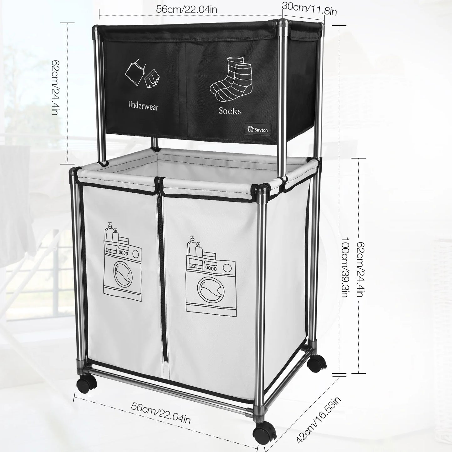 2-Tier Laundry Hamper Sorter, Laundry Storage Organizer with Wheels Movable Rolling Laundry Baskets Cart, Bathroom Cart Clothes Shelf,Laundry Butler for Bathroom Bedroom Laundry Room