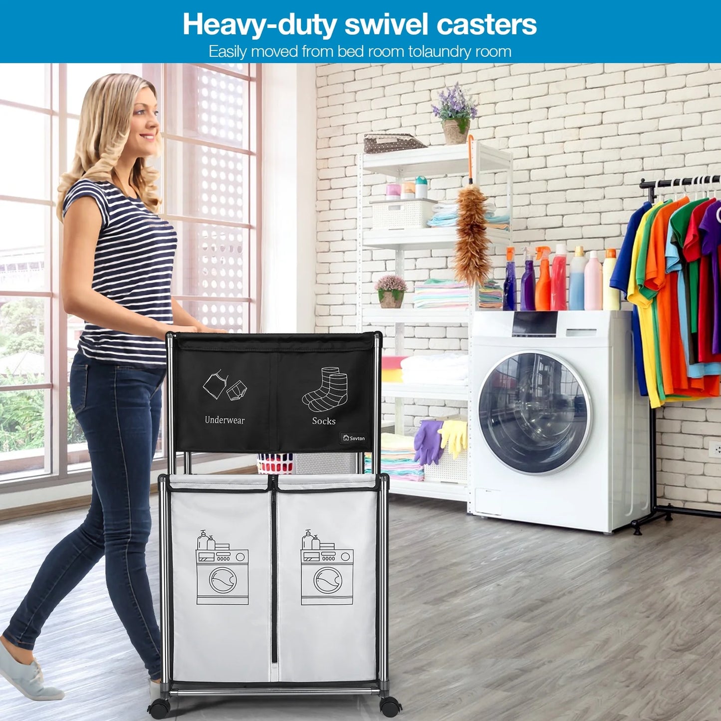 2-Tier Laundry Hamper Sorter, Laundry Storage Organizer with Wheels Movable Rolling Laundry Baskets Cart, Bathroom Cart Clothes Shelf,Laundry Butler for Bathroom Bedroom Laundry Room
