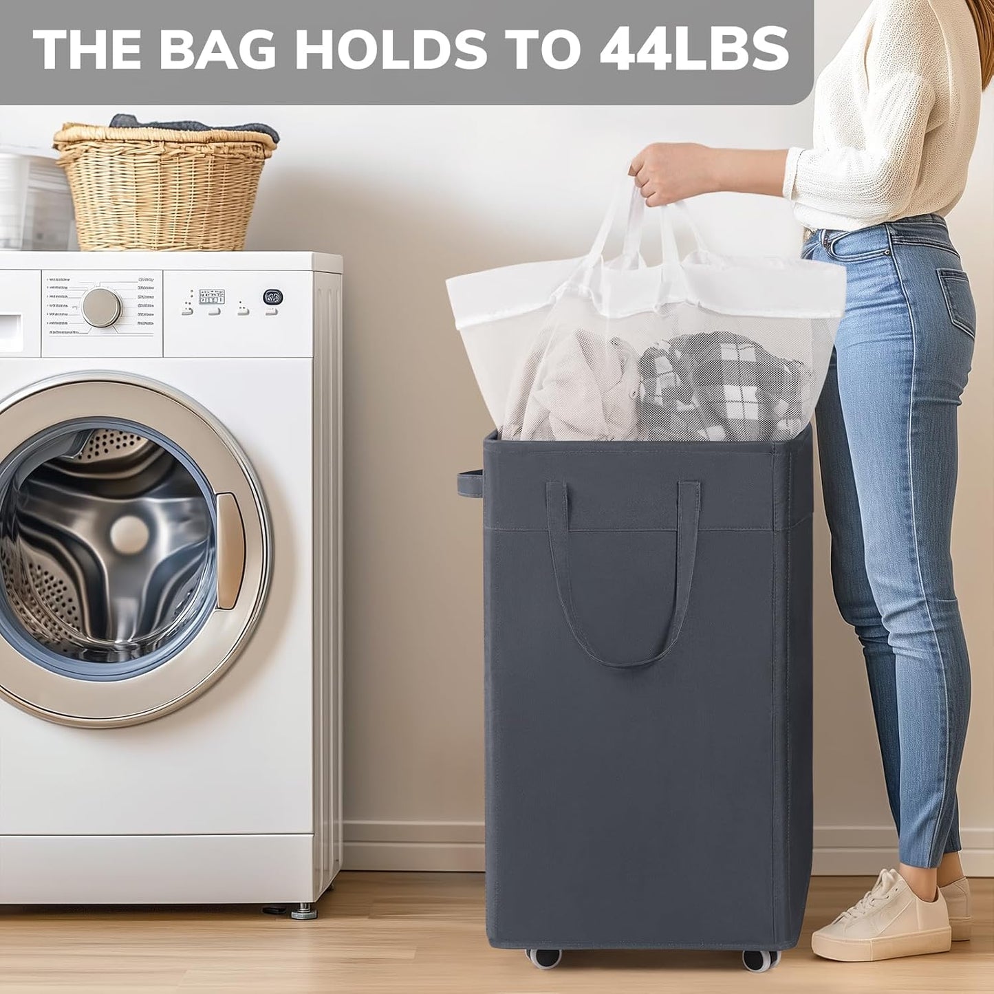 Laundry Basket with Wheels, 75L Laundry Hamper, Dorm Room Essentials with Removable Wash Bag for Laundry Room, Rolling Laundry Basket with Handles, Grey