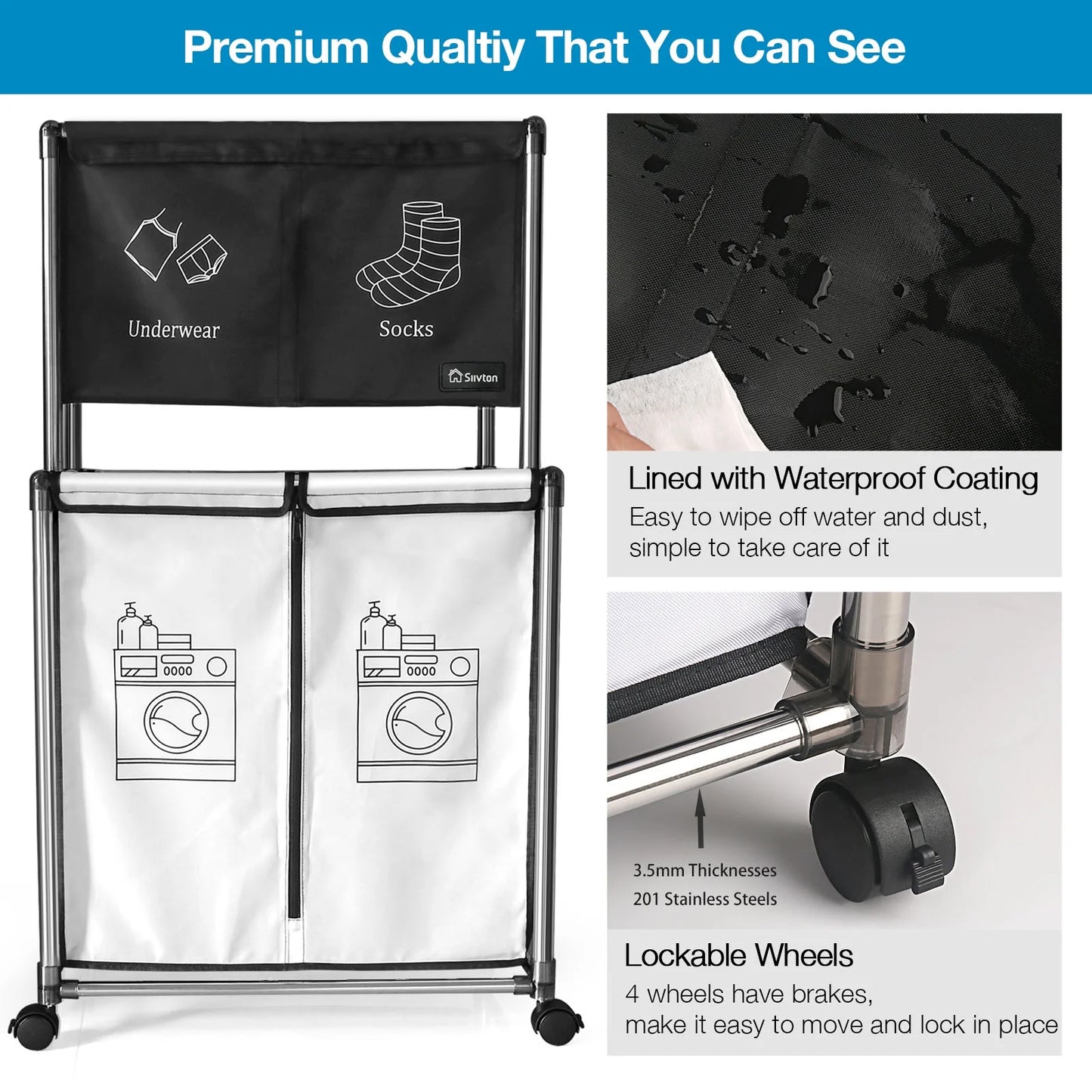 2-Tier Laundry Hamper Sorter, Laundry Storage Organizer with Wheels Movable Rolling Laundry Baskets Cart, Bathroom Cart Clothes Shelf,Laundry Butler for Bathroom Bedroom Laundry Room