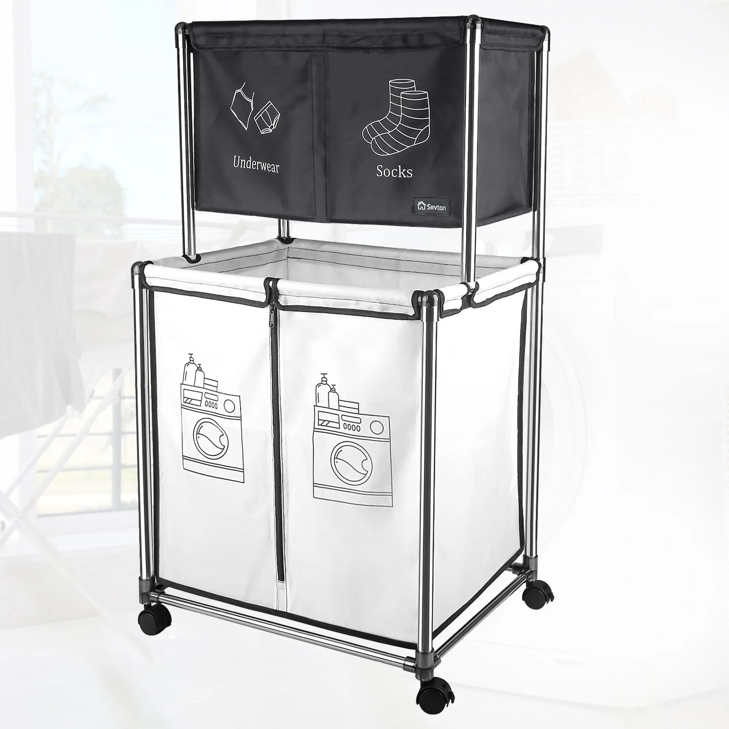2-Tier Laundry Hamper Sorter, Laundry Storage Organizer with Wheels Movable Rolling Laundry Baskets Cart, Bathroom Cart Clothes Shelf,Laundry Butler for Bathroom Bedroom Laundry Room