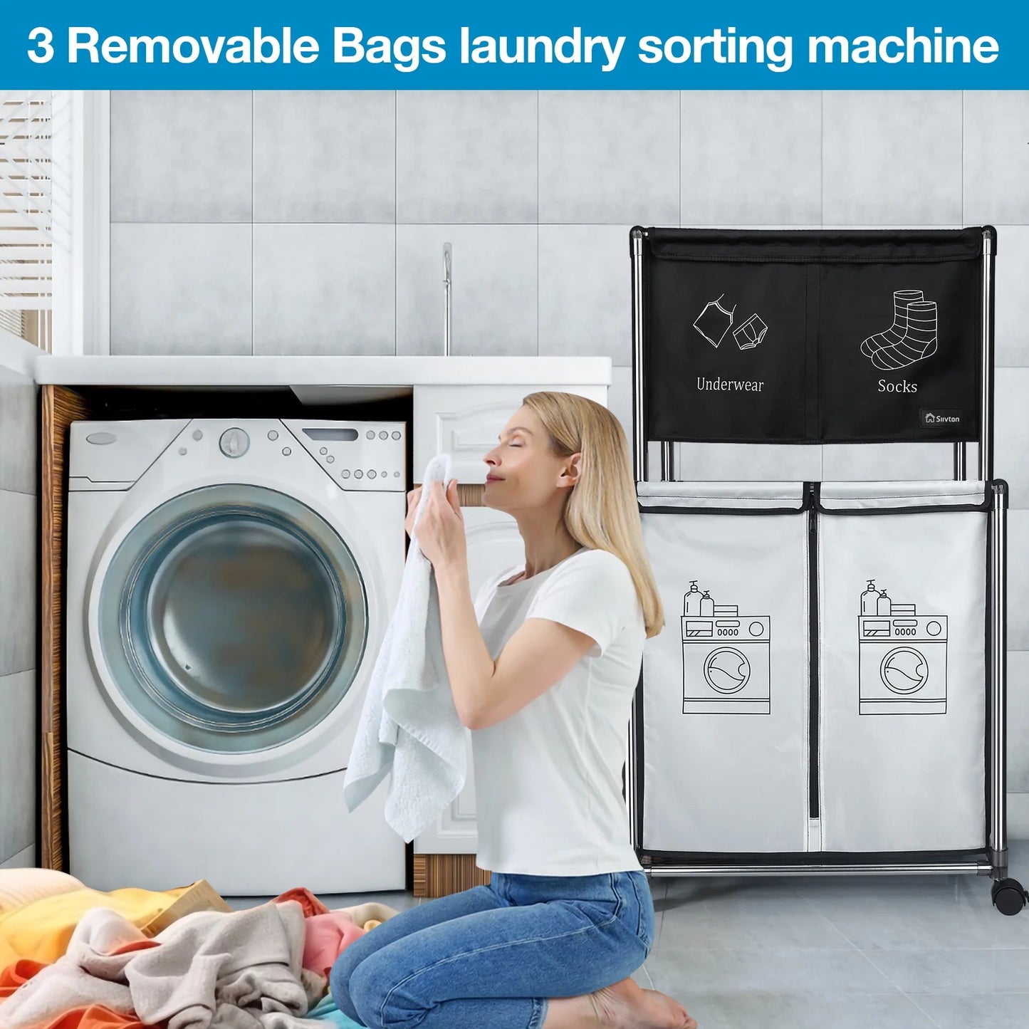 2-Tier Laundry Hamper Sorter, Laundry Storage Organizer with Wheels Movable Rolling Laundry Baskets Cart, Bathroom Cart Clothes Shelf,Laundry Butler for Bathroom Bedroom Laundry Room