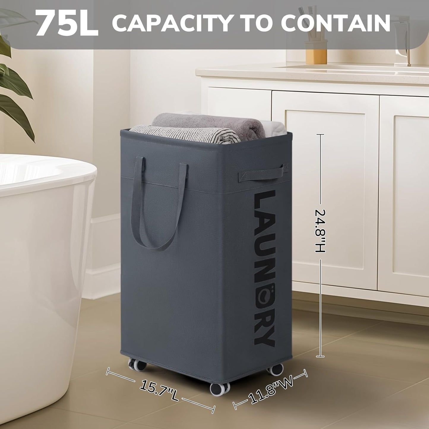 Laundry Basket with Wheels, 75L Laundry Hamper, Dorm Room Essentials with Removable Wash Bag for Laundry Room, Rolling Laundry Basket with Handles, Grey