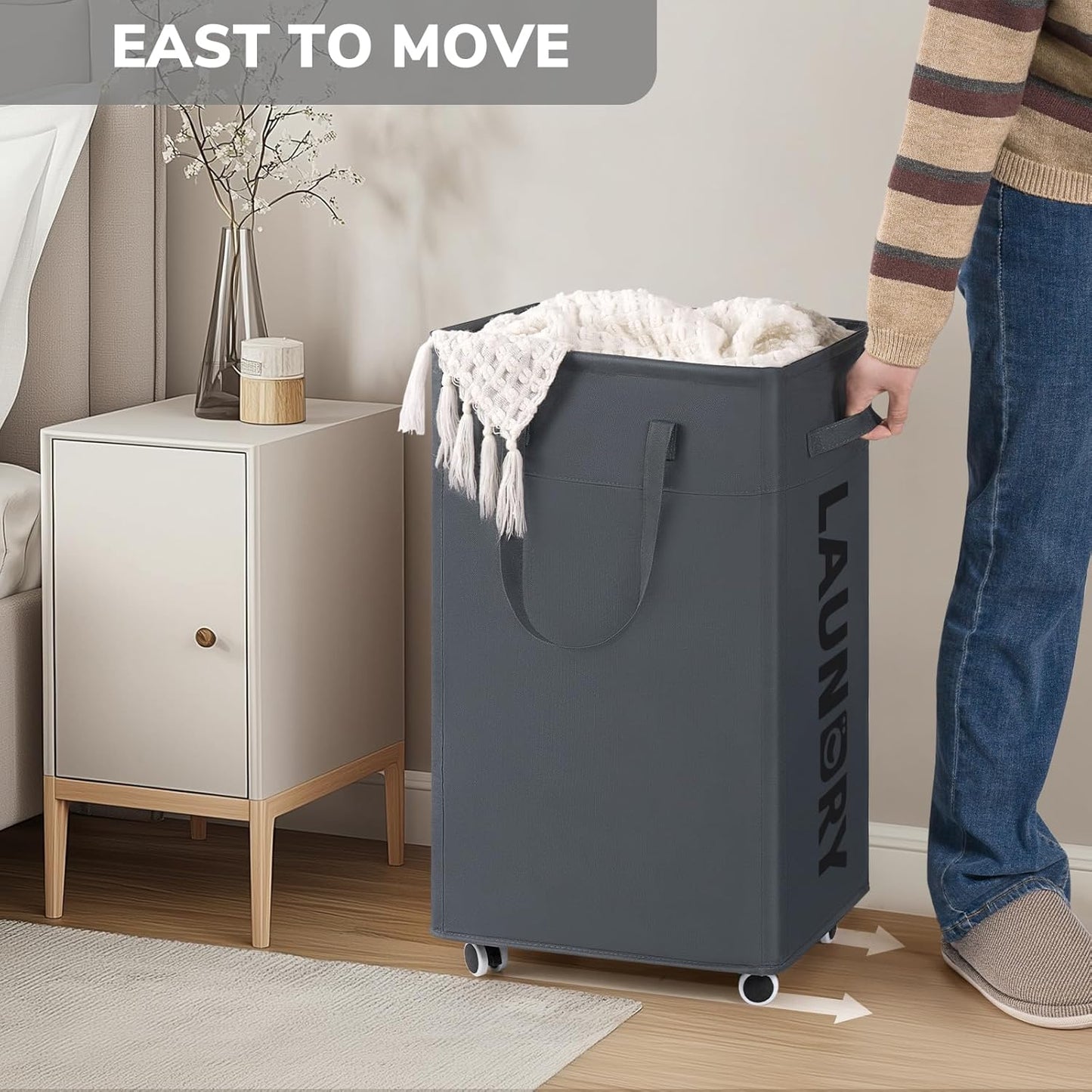 Laundry Basket with Wheels, 75L Laundry Hamper, Dorm Room Essentials with Removable Wash Bag for Laundry Room, Rolling Laundry Basket with Handles, Grey