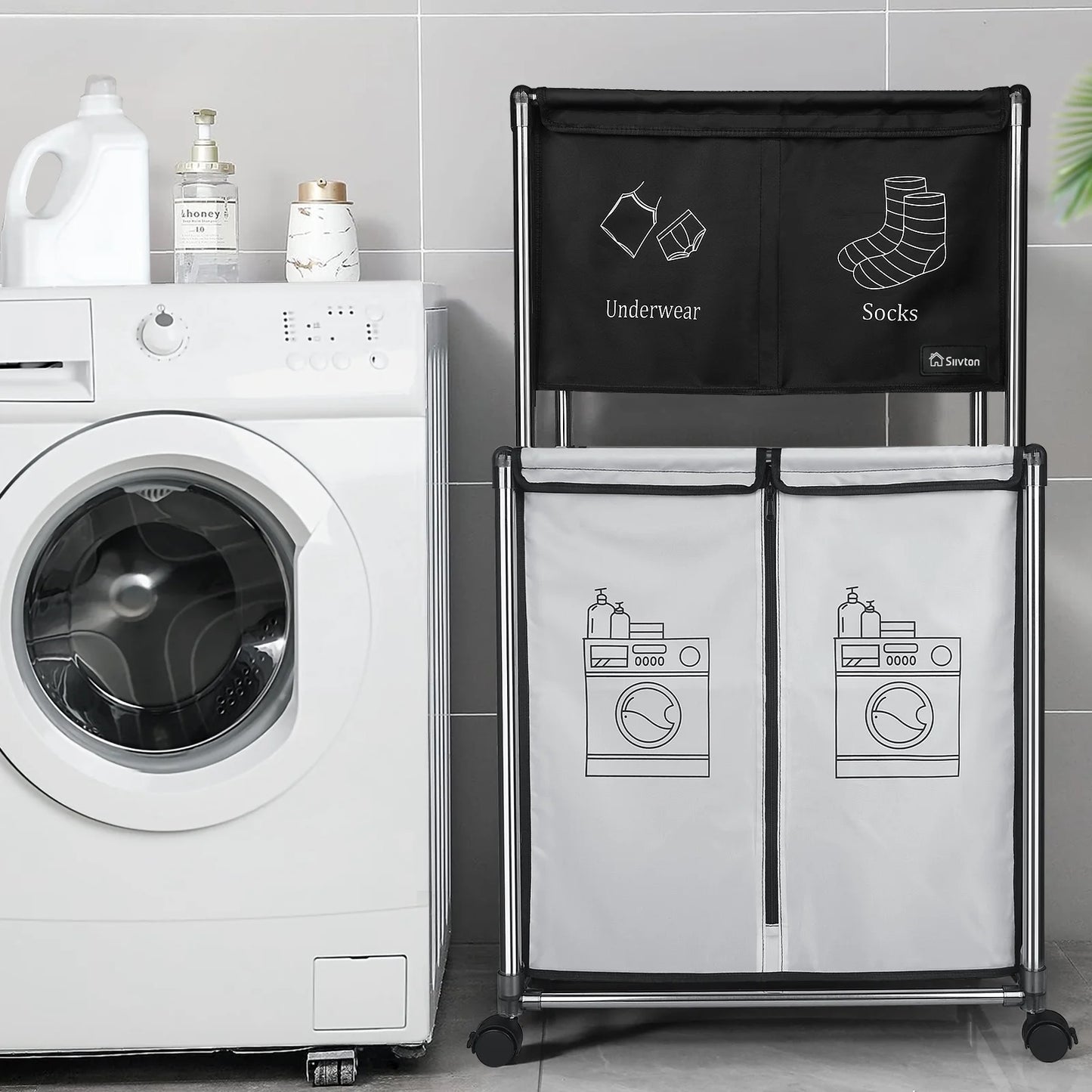 2-Tier Laundry Hamper Sorter, Laundry Storage Organizer with Wheels Movable Rolling Laundry Baskets Cart, Bathroom Cart Clothes Shelf,Laundry Butler for Bathroom Bedroom Laundry Room