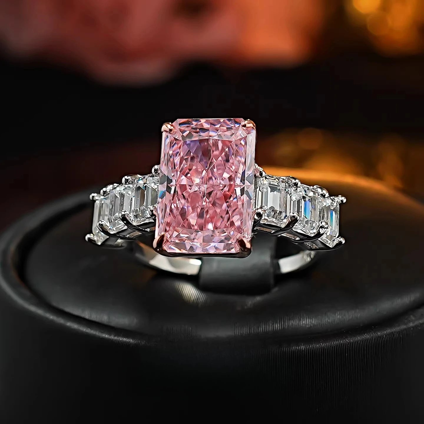 S925 Silver 8 * 12Mm Rectangular Pink Ice Flower Cut Zircon Ring Sweet Wind Gift Women'S Jewelry