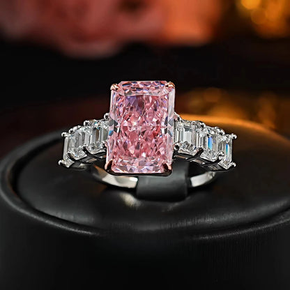 S925 Silver 8 * 12Mm Rectangular Pink Ice Flower Cut Zircon Ring Sweet Wind Gift Women'S Jewelry