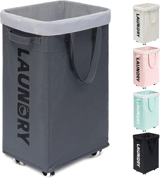 Laundry Basket with Wheels, 75L Laundry Hamper, Dorm Room Essentials with Removable Wash Bag for Laundry Room, Rolling Laundry Basket with Handles, Grey