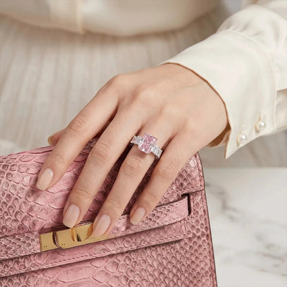 S925 Silver 8 * 12Mm Rectangular Pink Ice Flower Cut Zircon Ring Sweet Wind Gift Women'S Jewelry