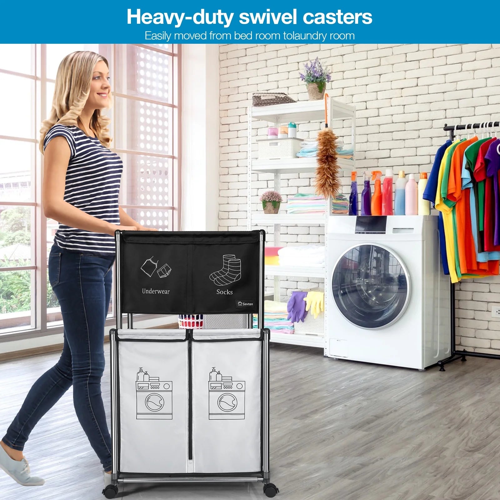2-Tier Laundry Hamper Sorter, Laundry Storage Organizer with Wheels Movable Rolling Laundry Baskets Cart, Bathroom Cart Clothes Shelf,Laundry Butler for Bathroom Bedroom Laundry Room