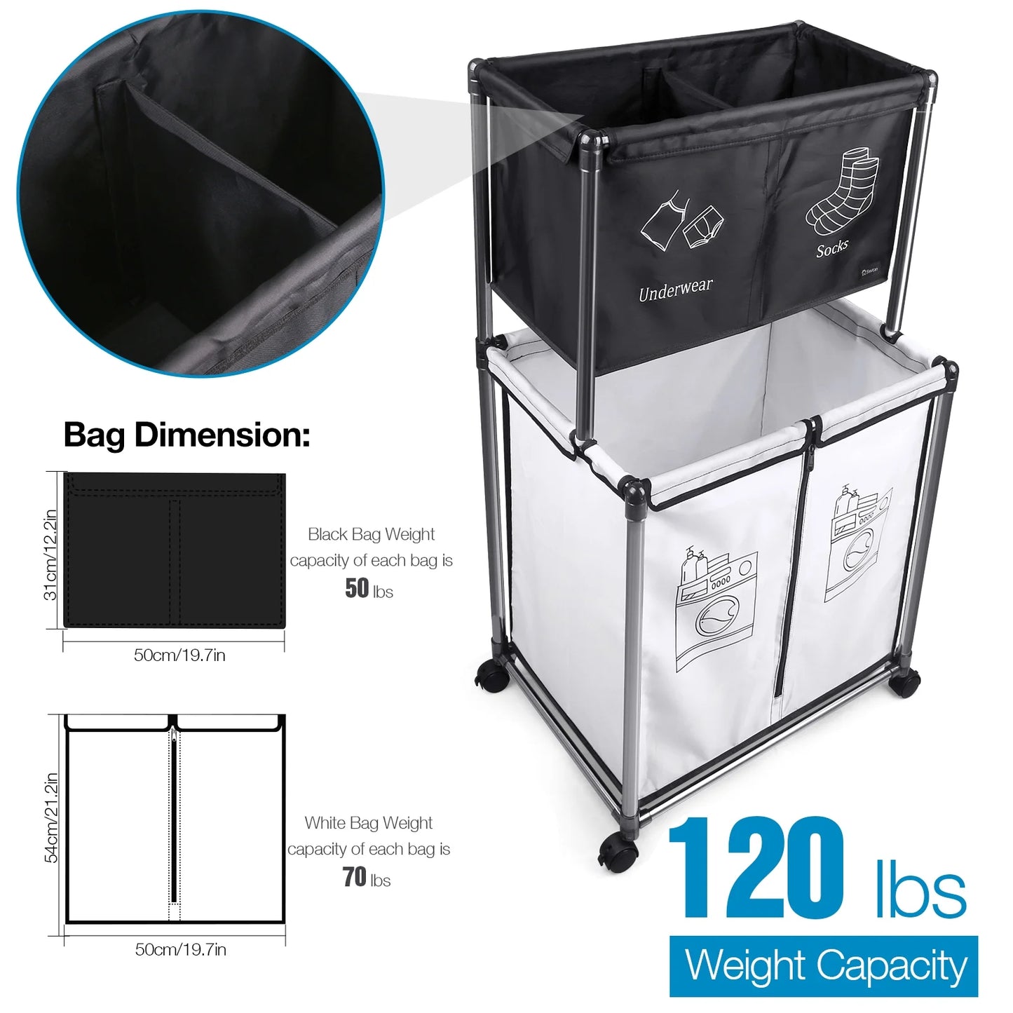 2-Tier Laundry Hamper Sorter, Laundry Storage Organizer with Wheels Movable Rolling Laundry Baskets Cart, Bathroom Cart Clothes Shelf,Laundry Butler for Bathroom Bedroom Laundry Room