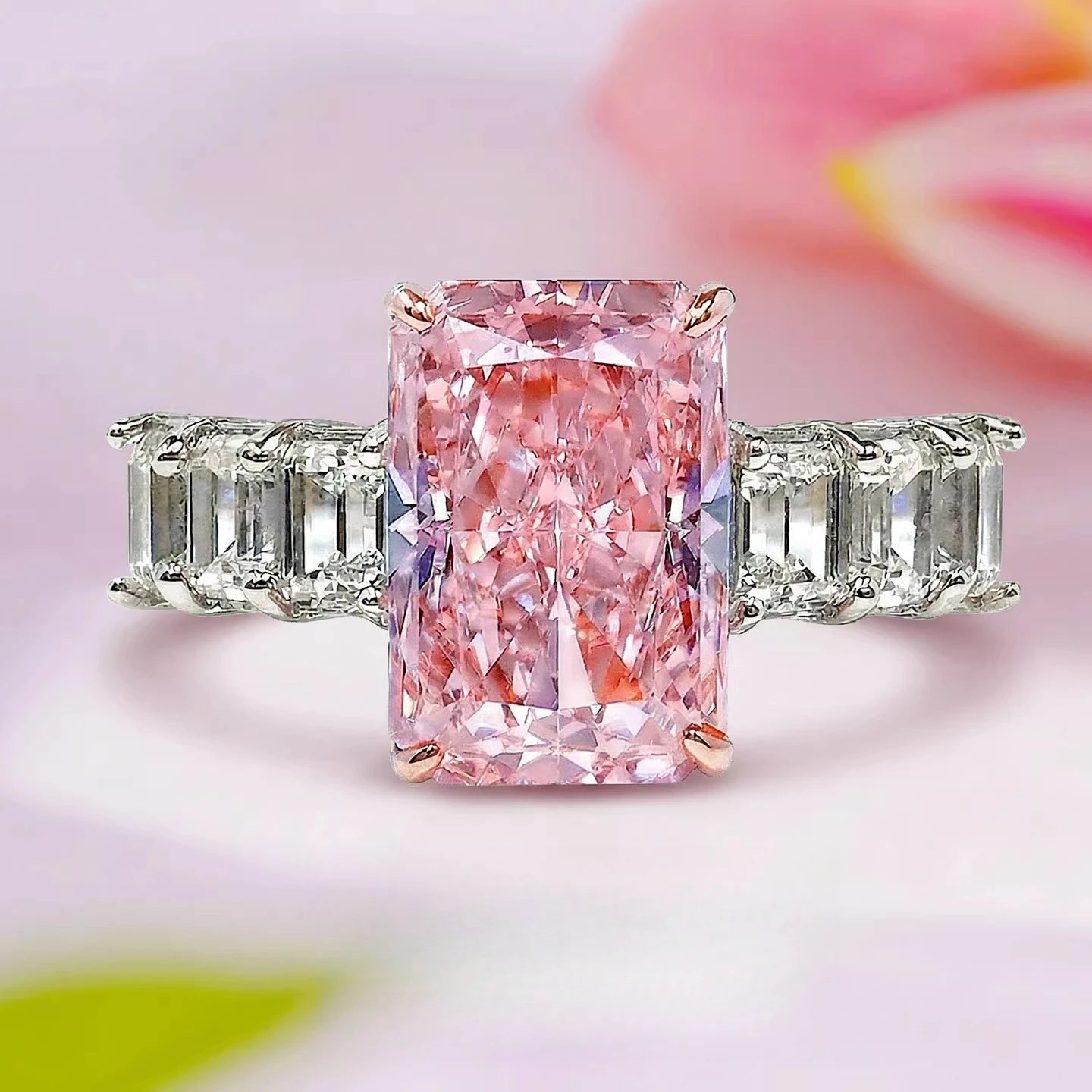 S925 Silver 8 * 12Mm Rectangular Pink Ice Flower Cut Zircon Ring Sweet Wind Gift Women'S Jewelry