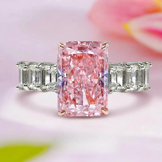 S925 Silver 8 * 12Mm Rectangular Pink Ice Flower Cut Zircon Ring Sweet Wind Gift Women'S Jewelry