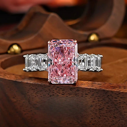 S925 Silver 8 * 12Mm Rectangular Pink Ice Flower Cut Zircon Ring Sweet Wind Gift Women'S Jewelry