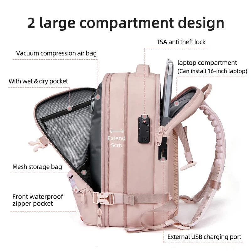 Travel Women Backpack 16 Inch Vacuum Compression Laptop Backpack USB Charging School Backpack Extended Hiking Business Backpack