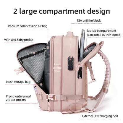 Travel Women Backpack 16 Inch Vacuum Compression Laptop Backpack USB Charging School Backpack Extended Hiking Business Backpack