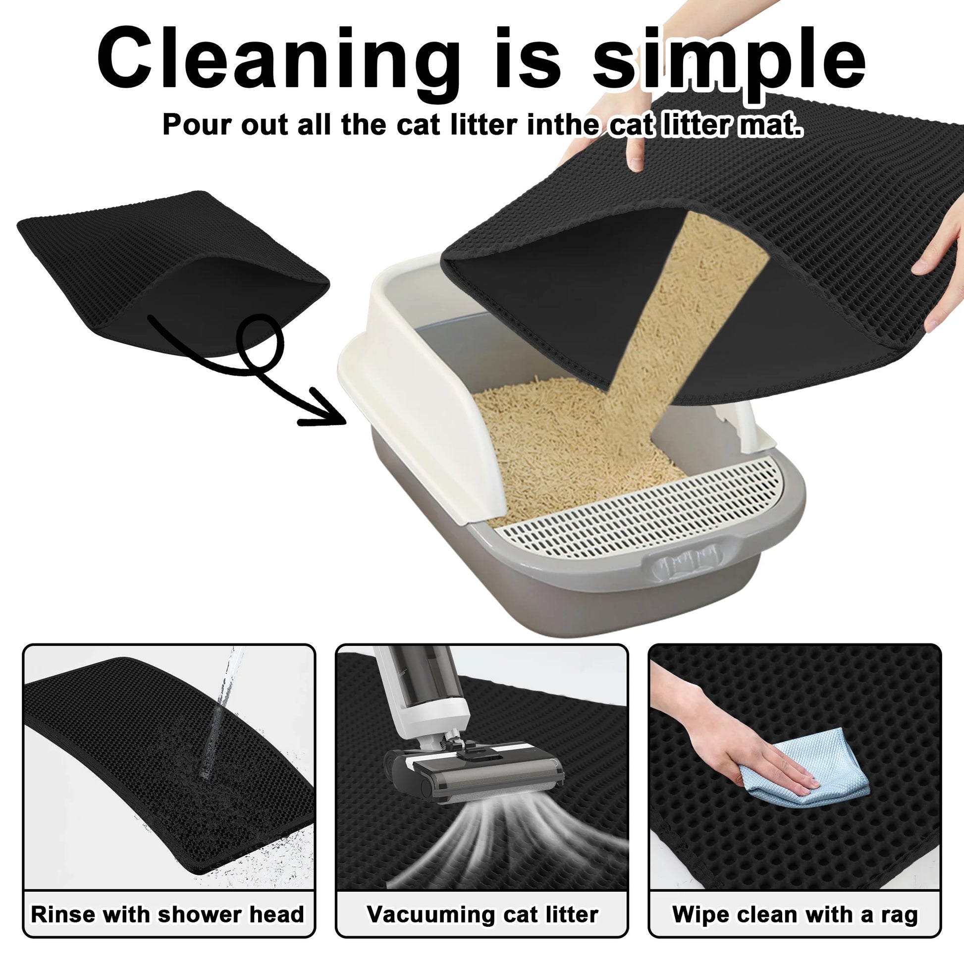 Cat Litter Mat, Double Layer Waterproof Litter Box Mat Urine Proof Trapping Mat (BLACK, 29X21Inch)