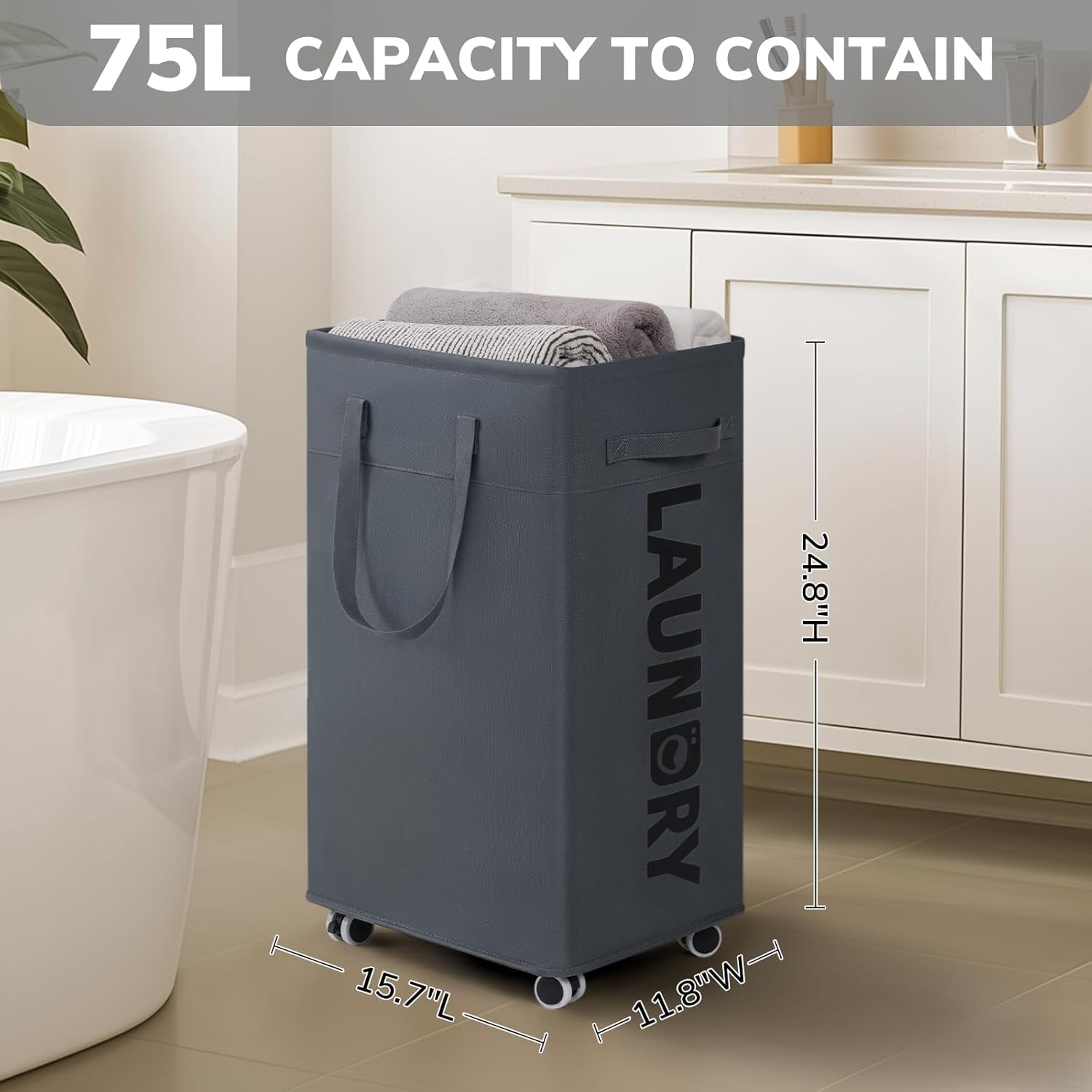 Laundry Basket with Wheels, 75L Laundry Hamper, Dorm Room Essentials with Removable Wash Bag for Laundry Room, Rolling Laundry Basket with Handles, Grey