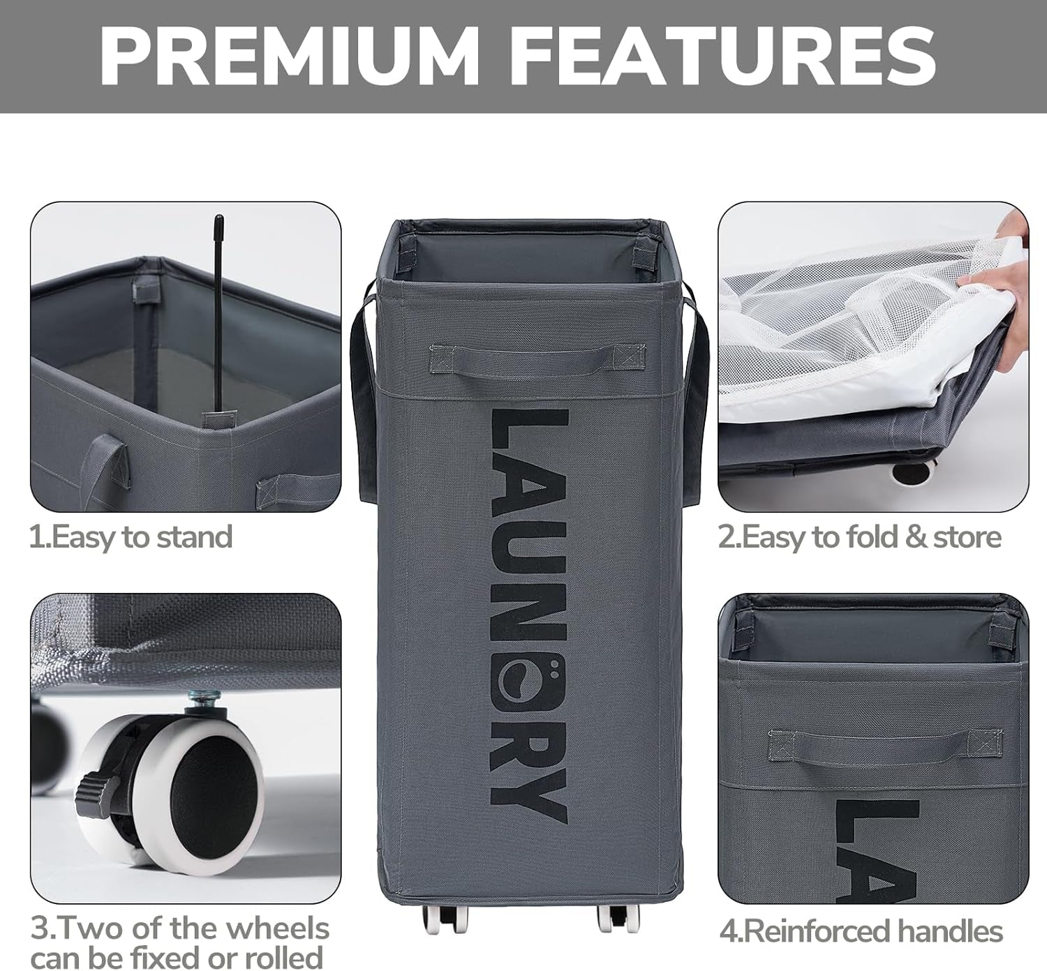 Laundry Basket with Wheels, 75L Laundry Hamper, Dorm Room Essentials with Removable Wash Bag for Laundry Room, Rolling Laundry Basket with Handles, Grey