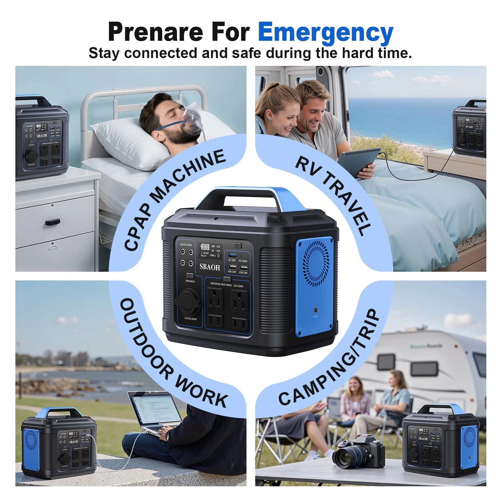 Portable Power Station, 300W 296Wh Solar Generator 80000Mah Lithium Battery Solar Power Banks Generator Power Source for Camping