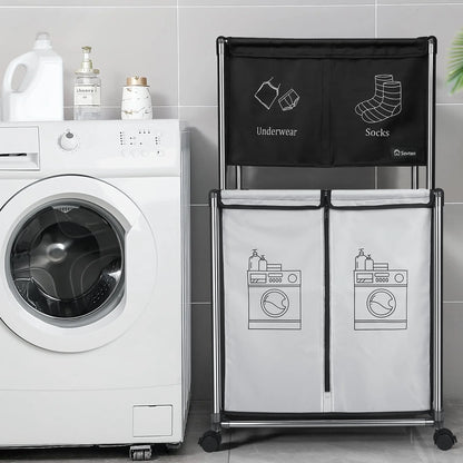 2-Tier Laundry Hamper Sorter, Laundry Storage Organizer with Wheels Movable Rolling Laundry Baskets Cart, Bathroom Cart Clothes Shelf,Laundry Butler for Bathroom Bedroom Laundry Room